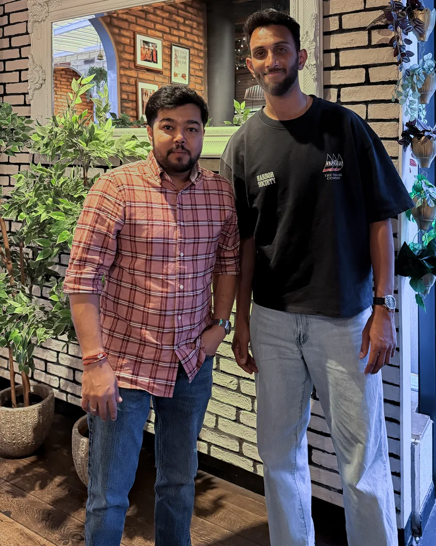 Prasidh Krishna, India fast bowler, with Padharo owner Ankit at Padharo Indian restaurant in Southampton, July 2026