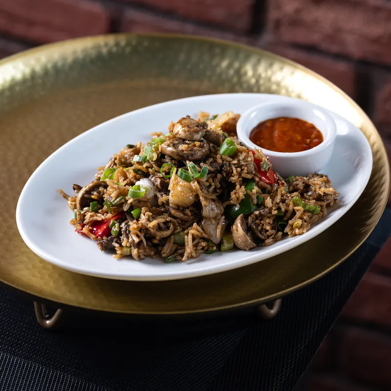 Mushroom Garlic Rice - vegetarian Indian dish at Padharo Southampton