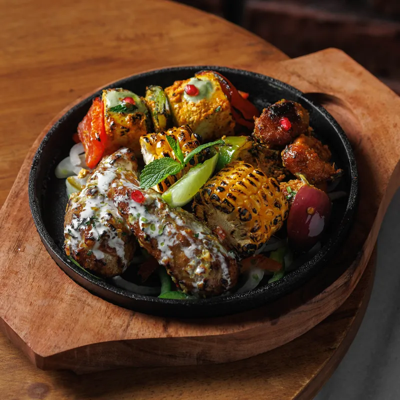 Padharo Royal Grill Platter - Our showpiece tandoor platter - char-grilled malai chaap, paneer tikka and more, vegetarian Indian dish at Padharo Southampton